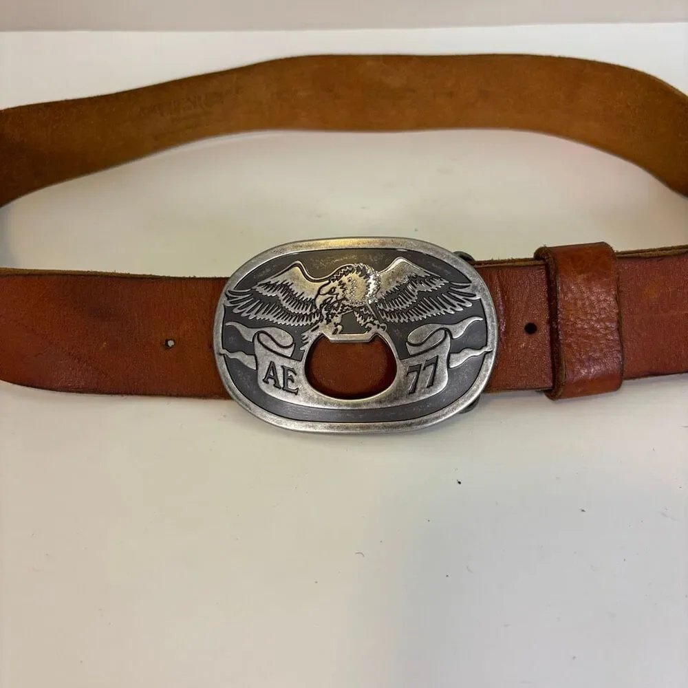 American Eagle AE 77 Brown Leather Big Belt Buckle Belt Men's 34